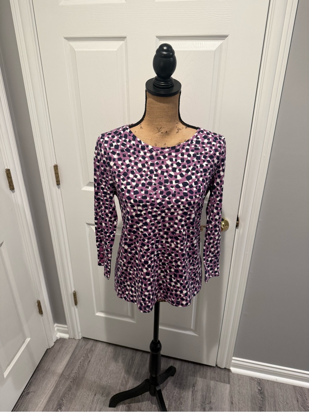 Chico's Purple and Black Abstract Spot Long-Sleeve Scoop Neck Top